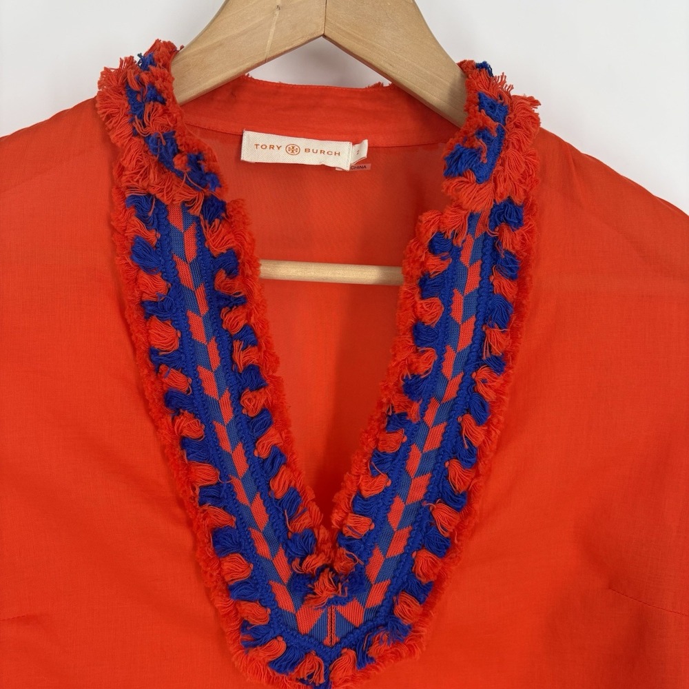 Tory Burch Women Tory Tunic 2 Samba Fringe Orange Blue Embroidered Resort Cruise - Picture 2 of 7
